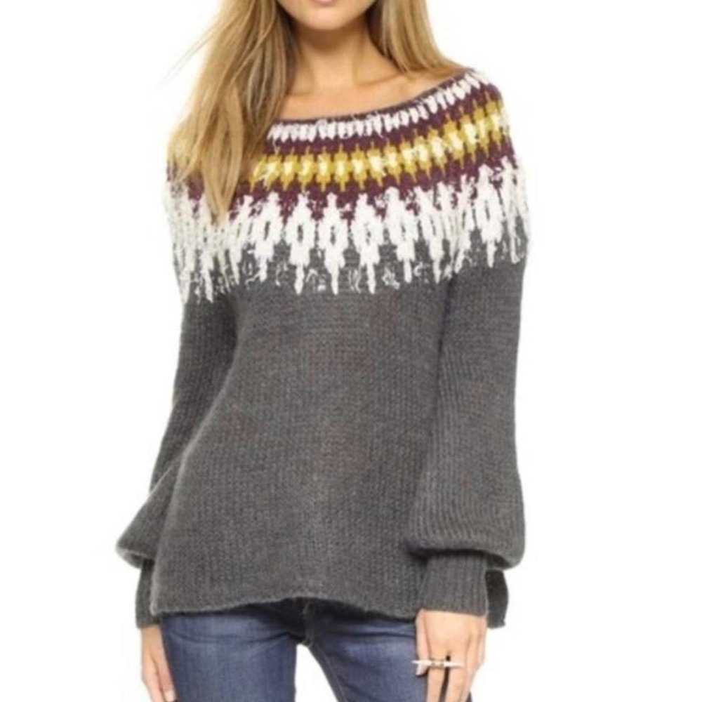 Free People Womens Small Grey Fair Isle Knit Sweater Wool Alpaca Mohair Pullover